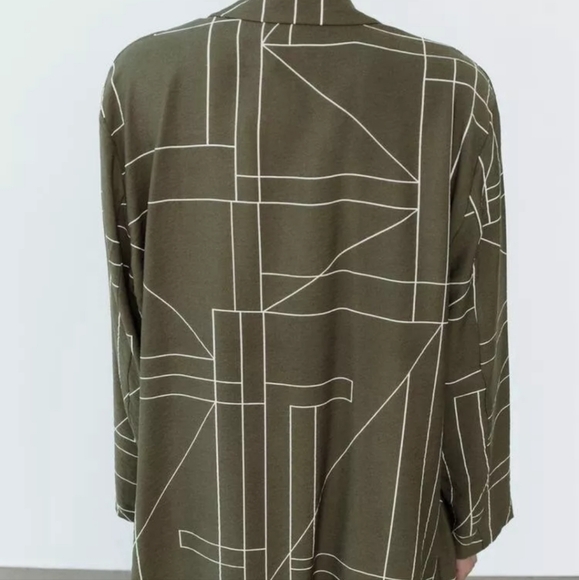 ZARA Khaki Green Oversized Relaxed Geometric Print Lightweight Blazer XS - Picture 3 of 8